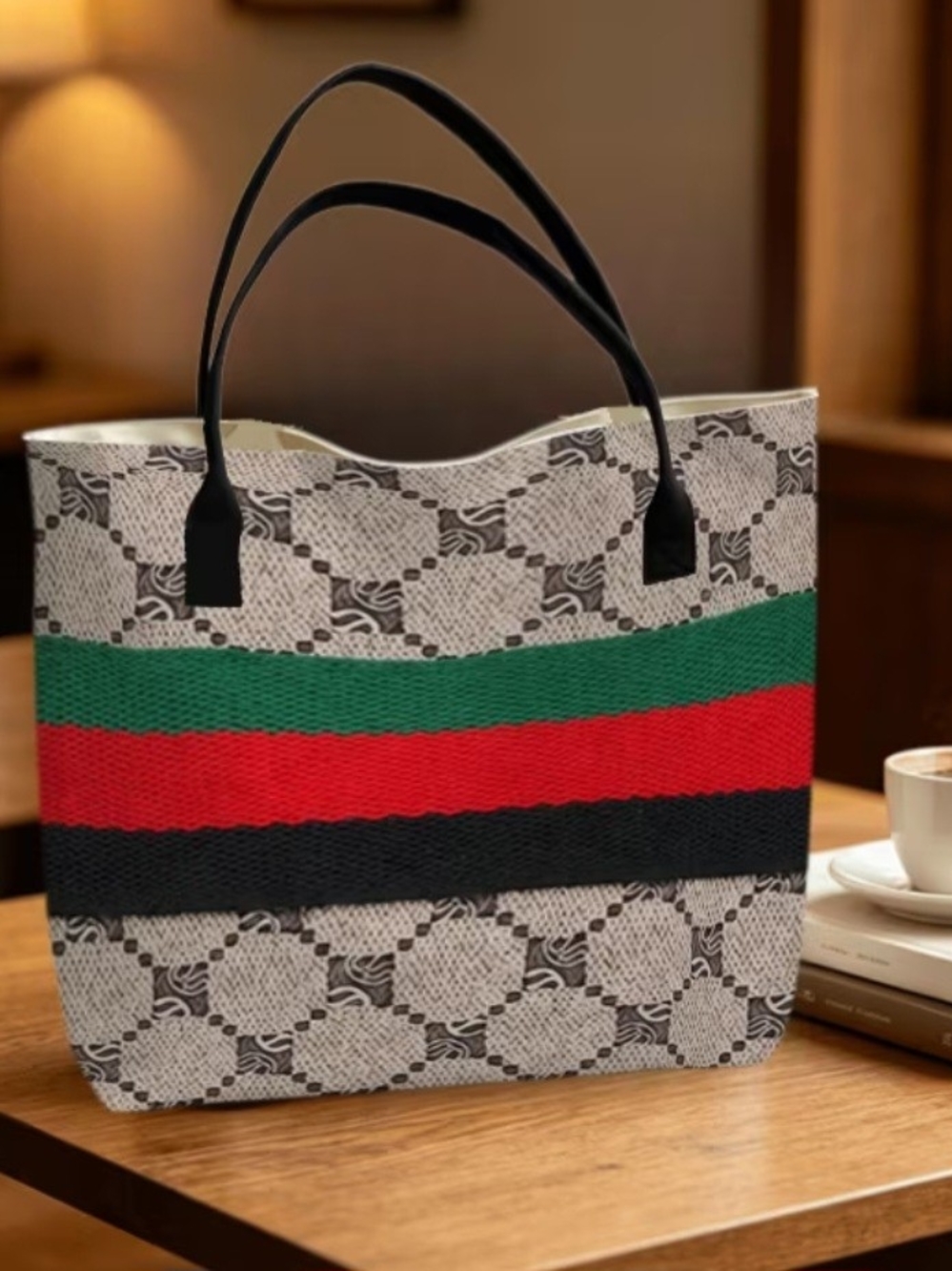 Patterned Tote Bag with Green, Red and Black Stripes